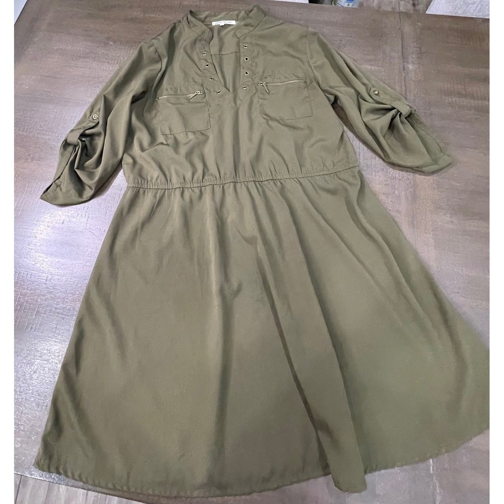 Speed Control New York Olive Green Dress Roll Tab Sleeve Pockets Casual